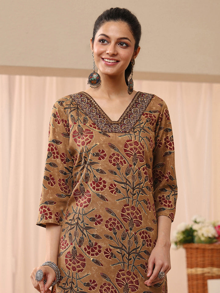 Brown Floral Printed Cotton Blend Straight Suit Set