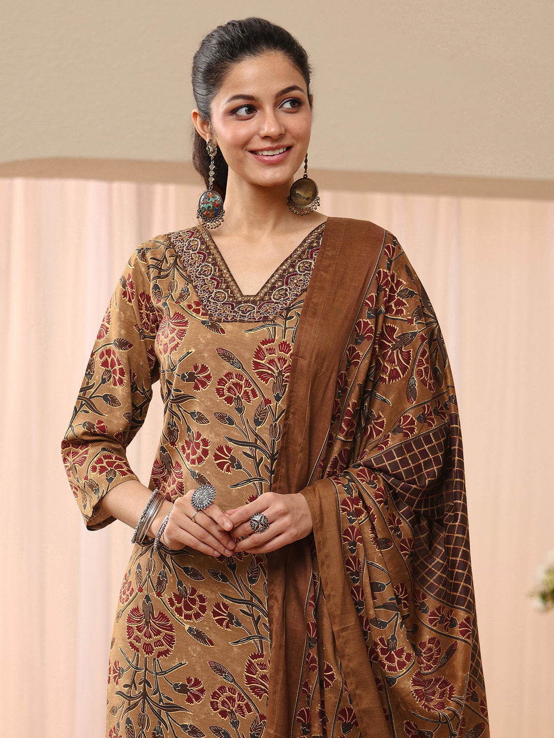 Brown Floral Printed Cotton Blend Straight Suit Set