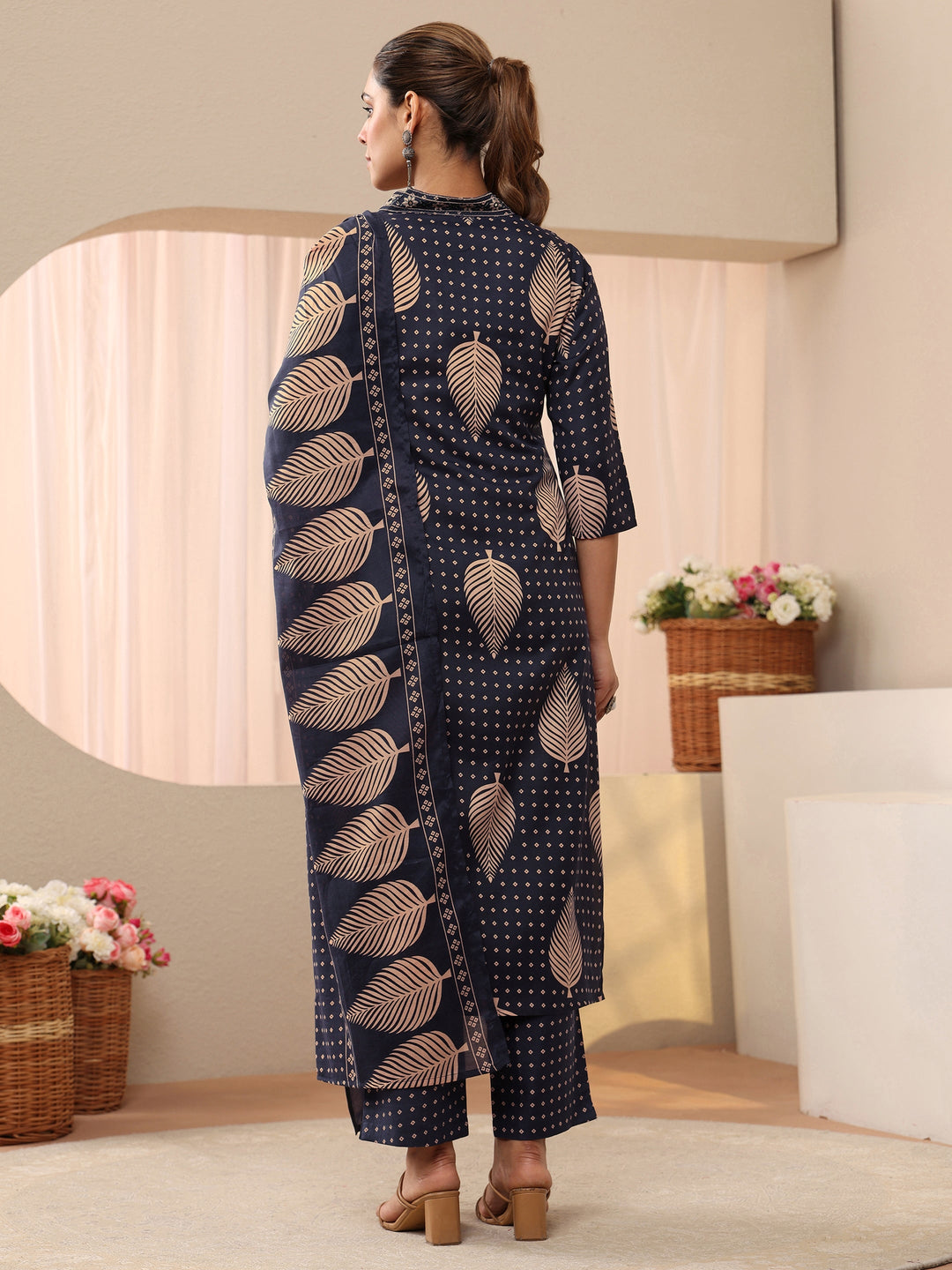 Navy Blue Floral Printed Cotton Blend Straight Suit Set