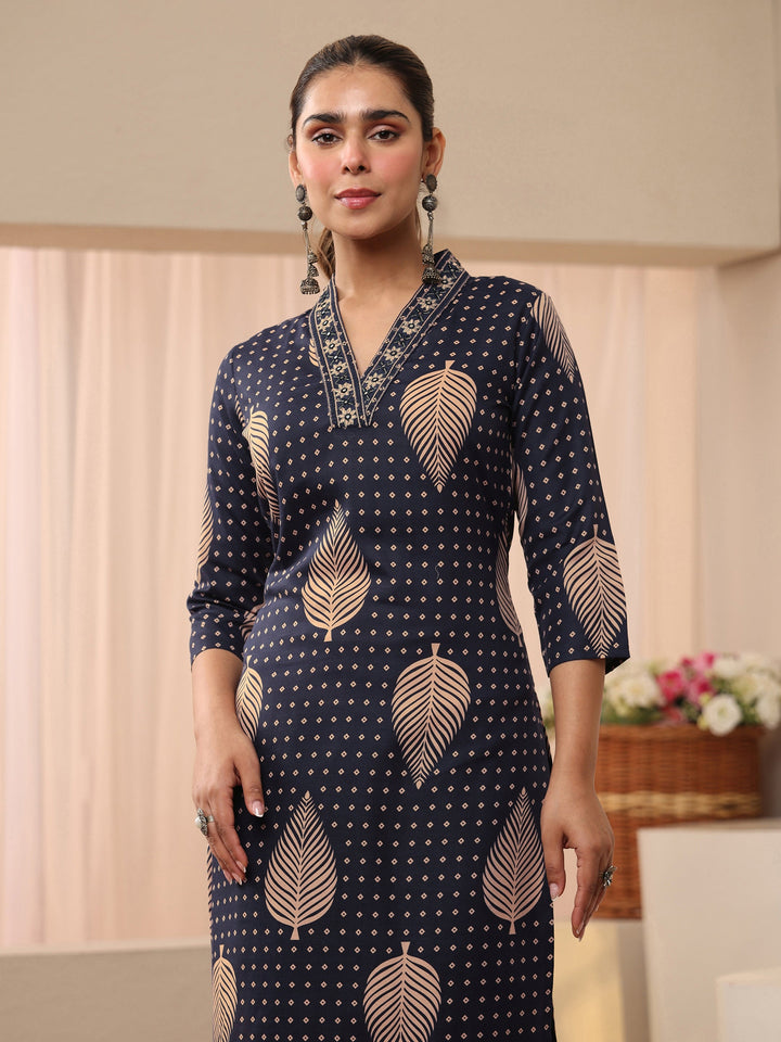 Navy Blue Floral Printed Cotton Blend Straight Suit Set