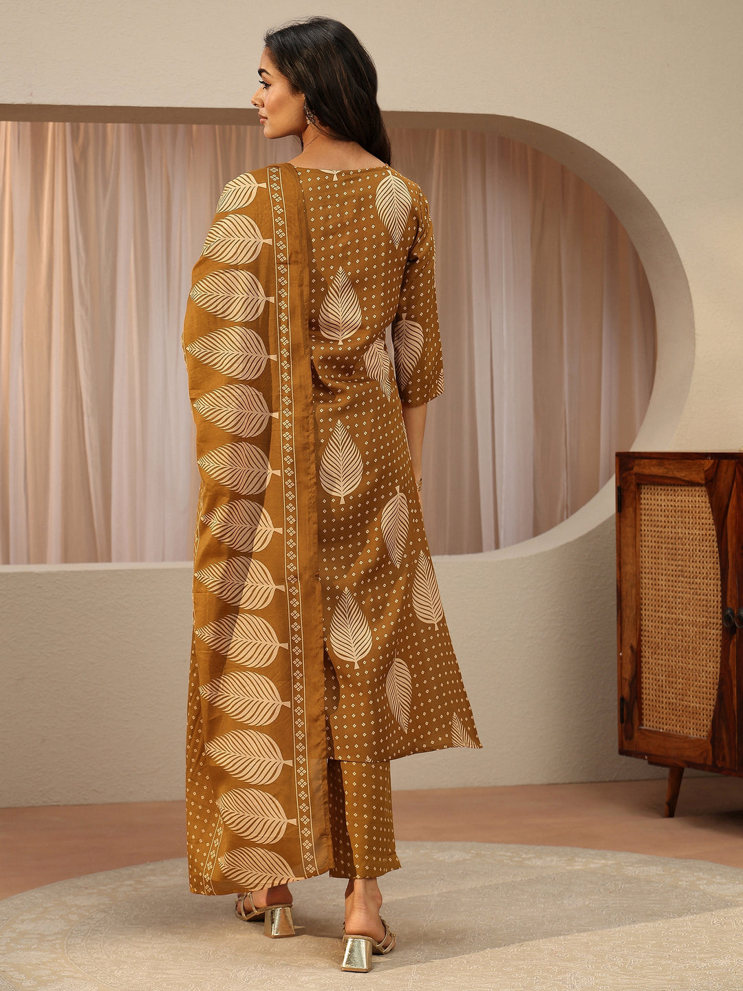 Mustard Floral Printed Cotton Blend Straight Suit Set