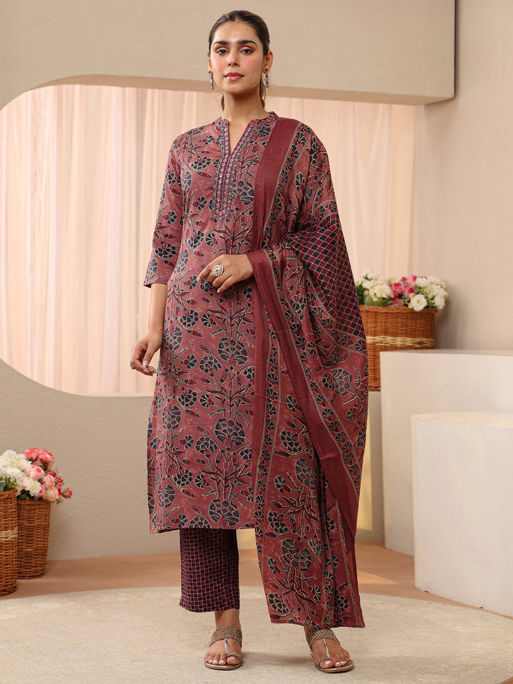 Peach Floral Printed Cotton Blend Straight Suit Set