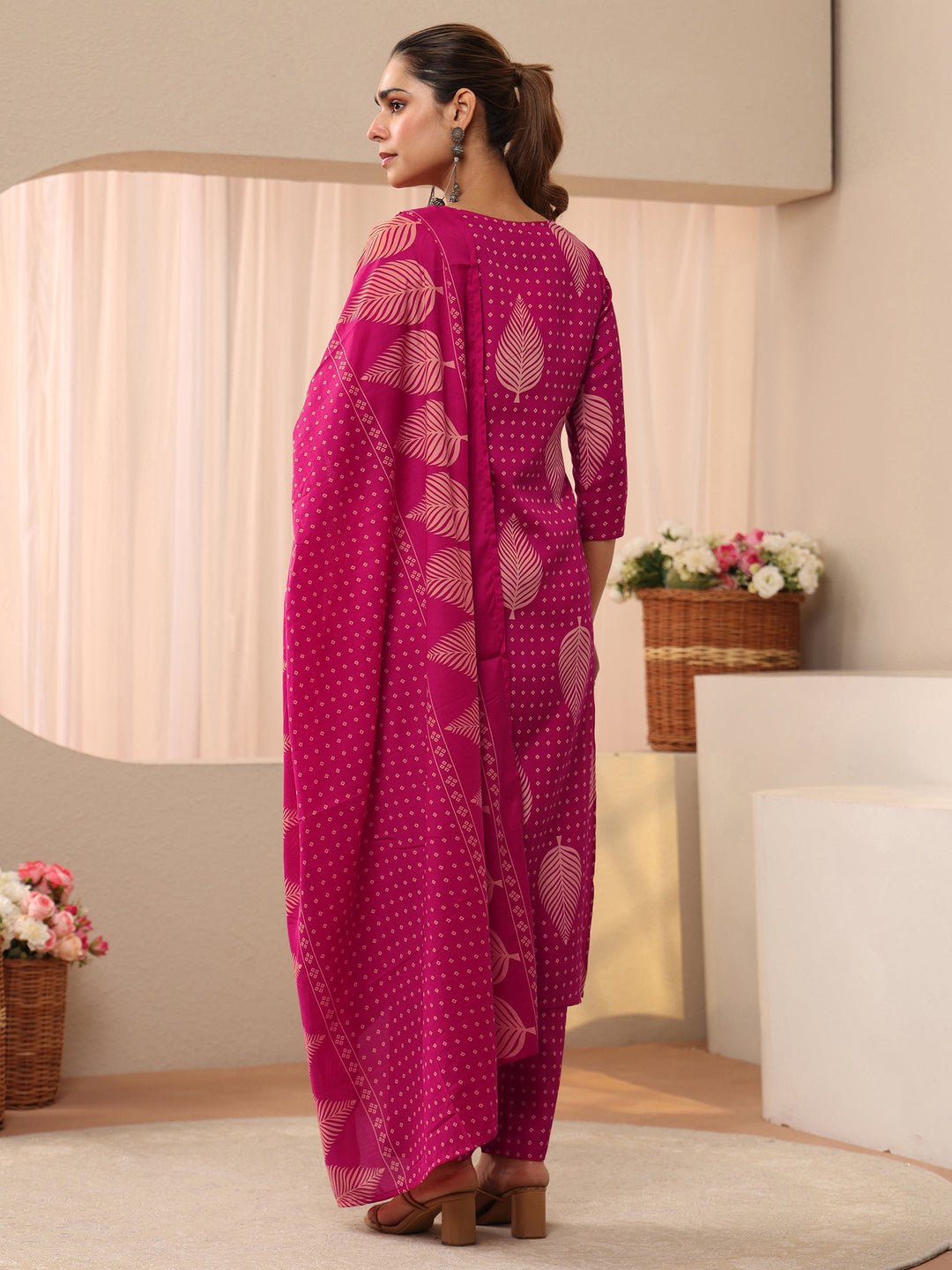 Pink Floral Printed Cotton Blend Straight Suit Set