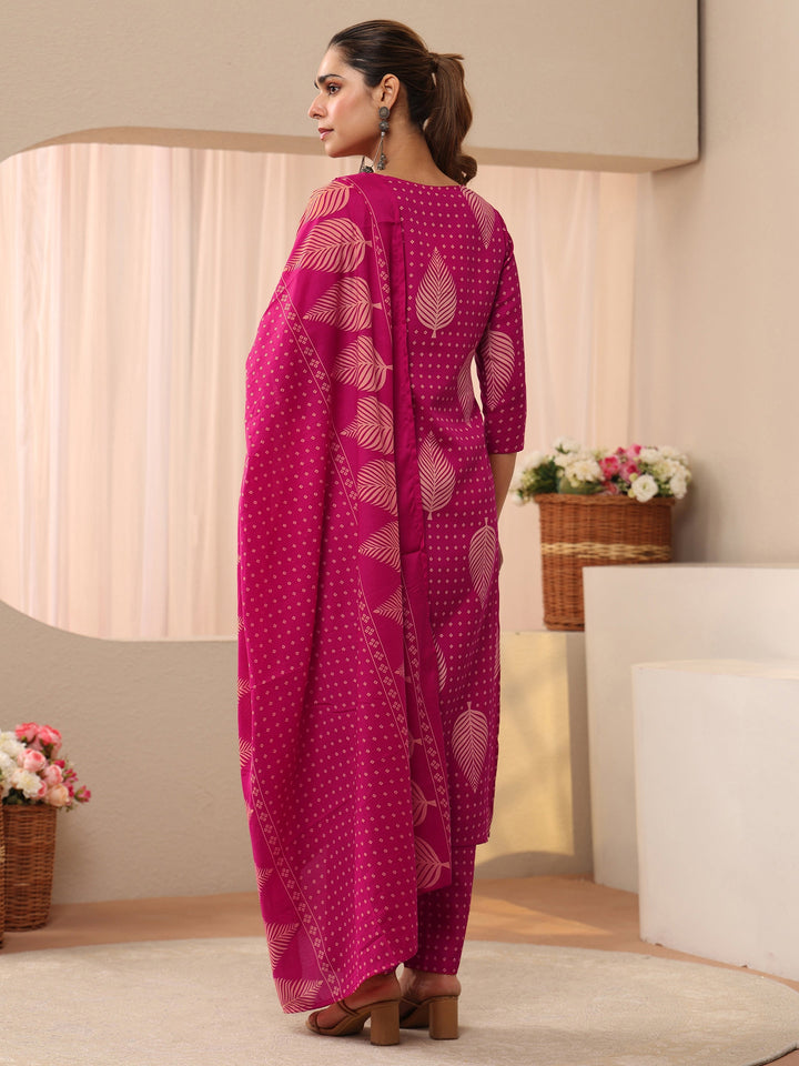 Pink Floral Printed Cotton Blend Straight Suit Set