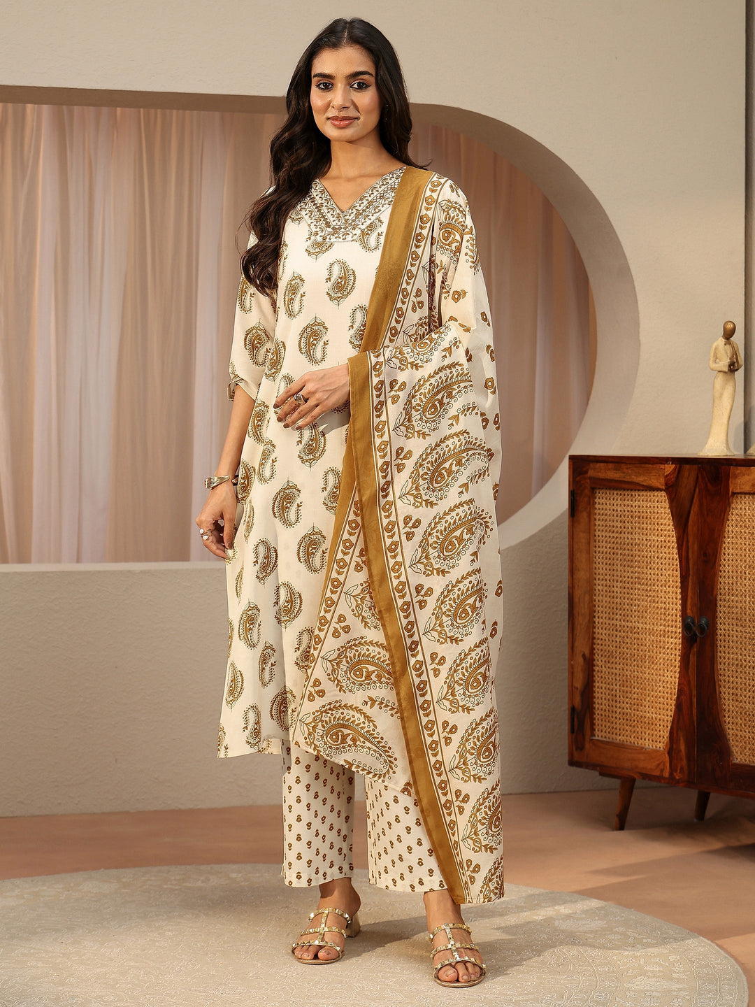 Off White Paisley Printed Cotton Blend Straight Suit Set