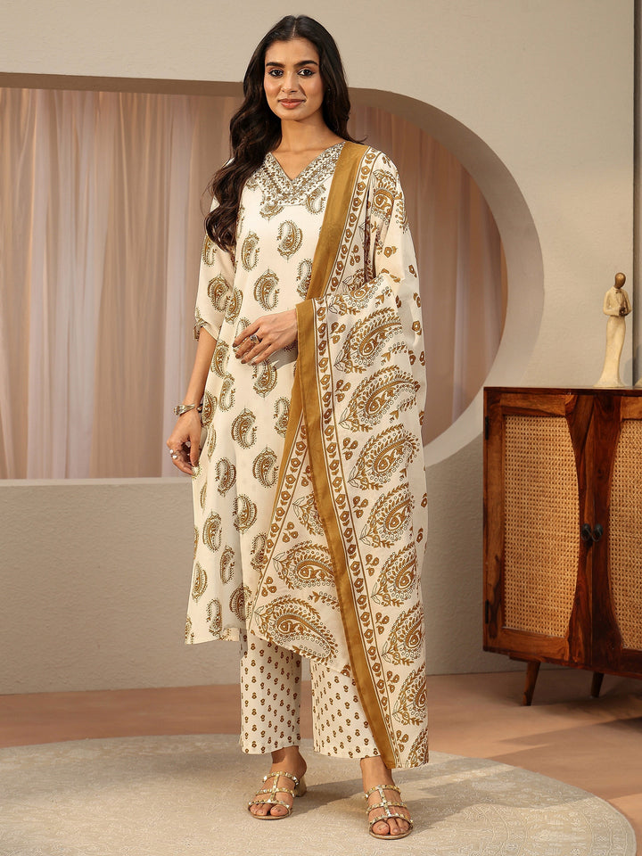 Off White Paisley Printed Cotton Blend Straight Suit Set