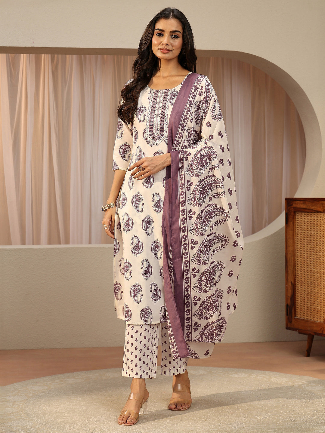 Off White Paisley Printed Cotton Blend Straight Suit Set
