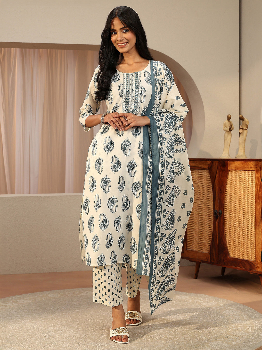 Off White Paisley Printed Cotton Blend Straight Suit Set