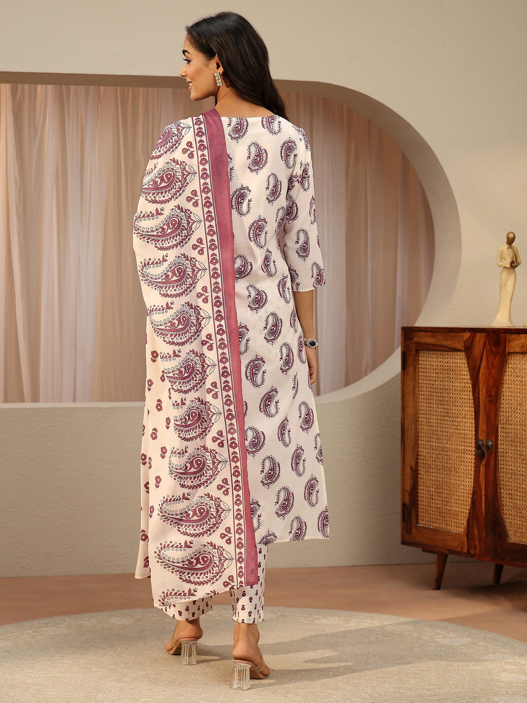 Off White Paisley Printed Cotton Blend Straight Suit Set
