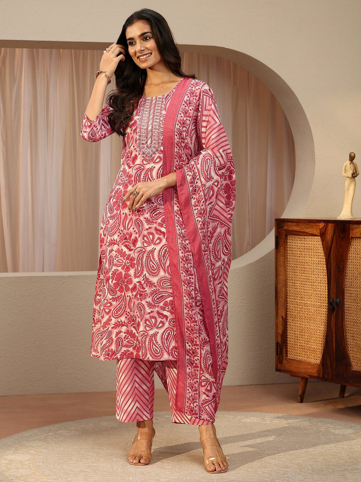 Red Paisley Printed Cotton Straight Suit Set