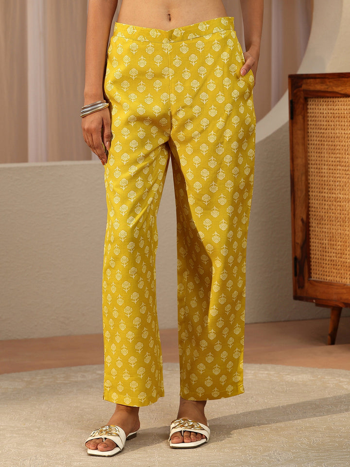 Lime Yellow Floral Printed Cotton Straight Suit Set