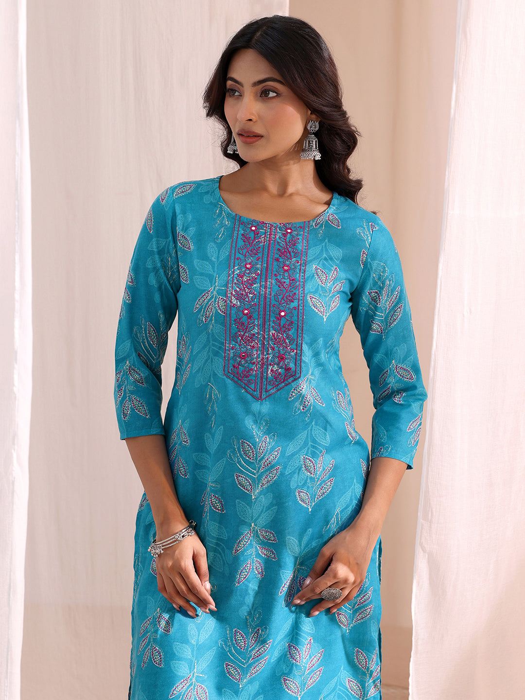 Gerua Blue Floral Printed Cotton Blend Straight Suit Set