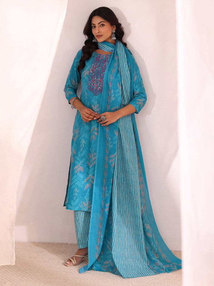 Gerua Blue Floral Printed Cotton Blend Straight Suit Set