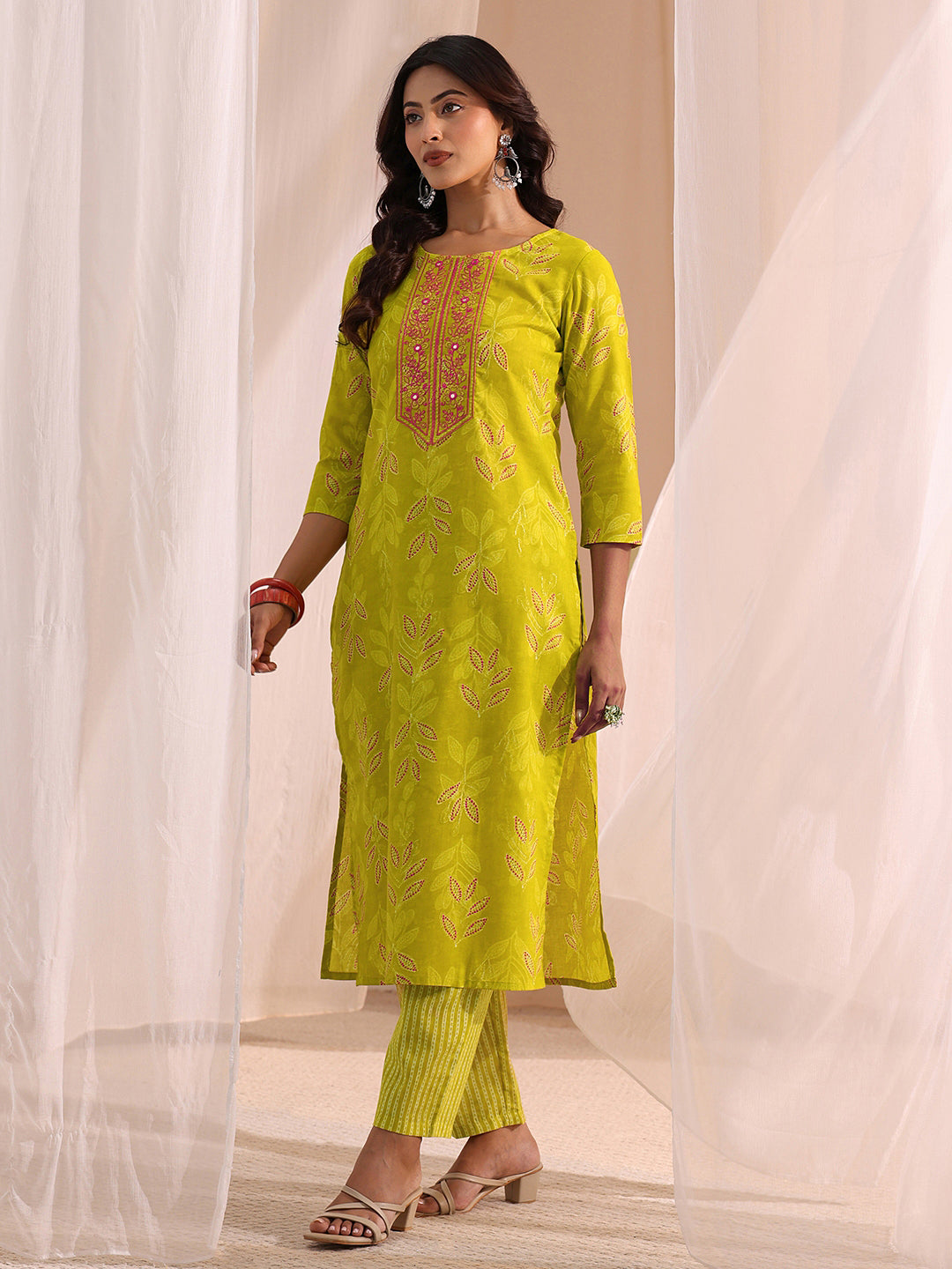 Gerua Lime Green Floral Printed Cotton Blend Straight Suit Set