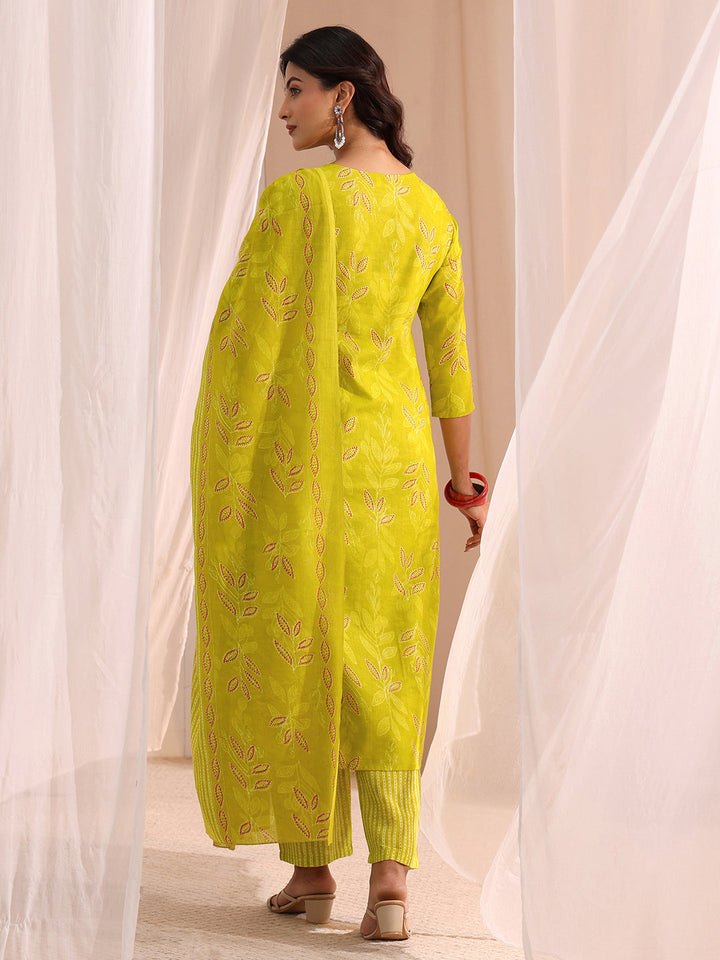 Gerua Lime Green Floral Printed Cotton Blend Straight Suit Set