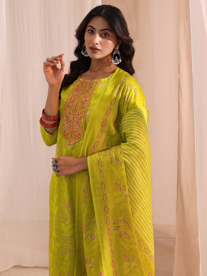 Gerua Lime Green Floral Printed Cotton Blend Straight Suit Set