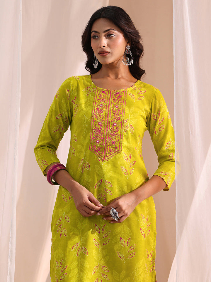 Gerua Lime Green Floral Printed Cotton Blend Straight Suit Set