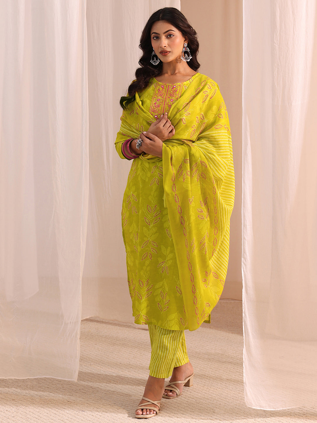 Gerua Lime Green Floral Printed Cotton Blend Straight Suit Set