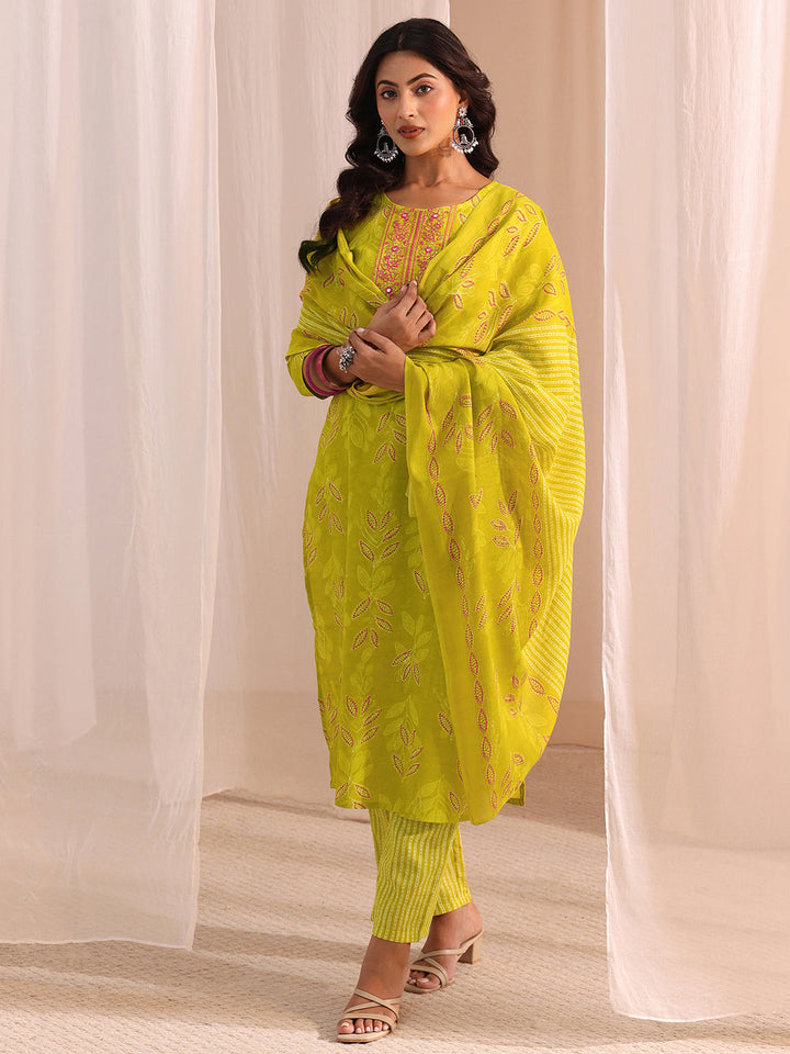 Gerua Lime Green Floral Printed Cotton Blend Straight Suit Set