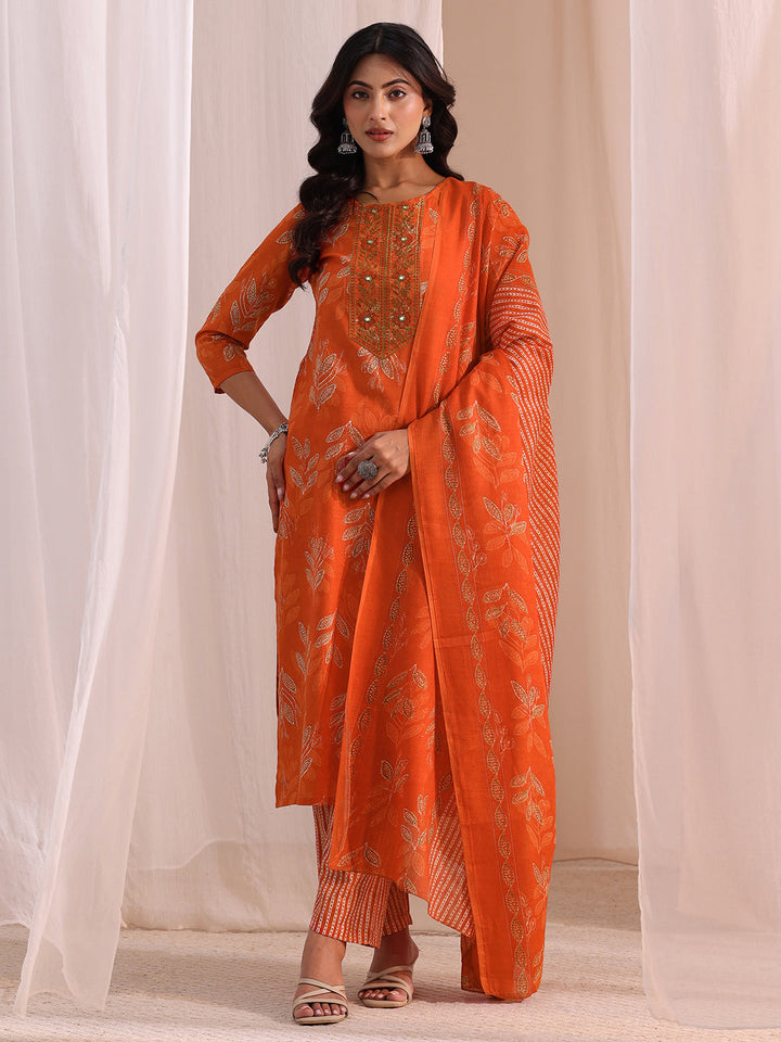 Gerua Orange Floral Printed Cotton Blend Straight Suit Set