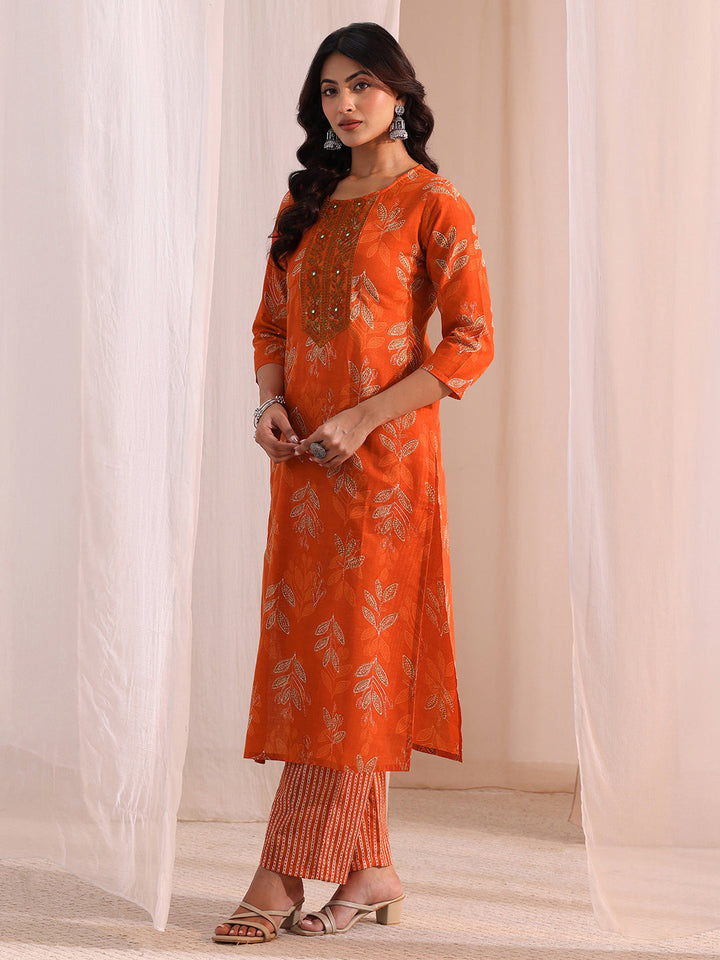 Gerua Orange Floral Printed Cotton Blend Straight Suit Set