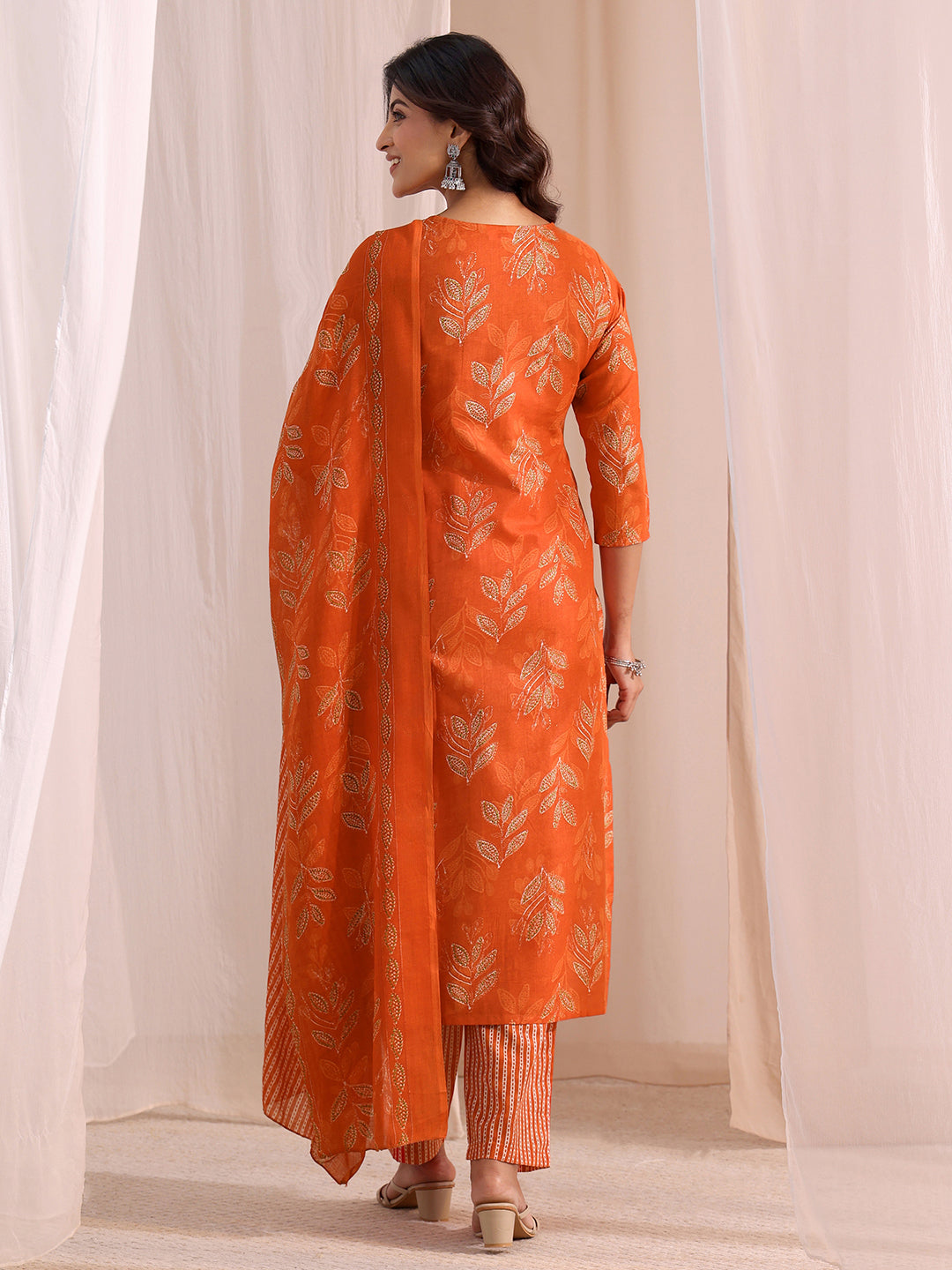 Gerua Orange Floral Printed Cotton Blend Straight Suit Set