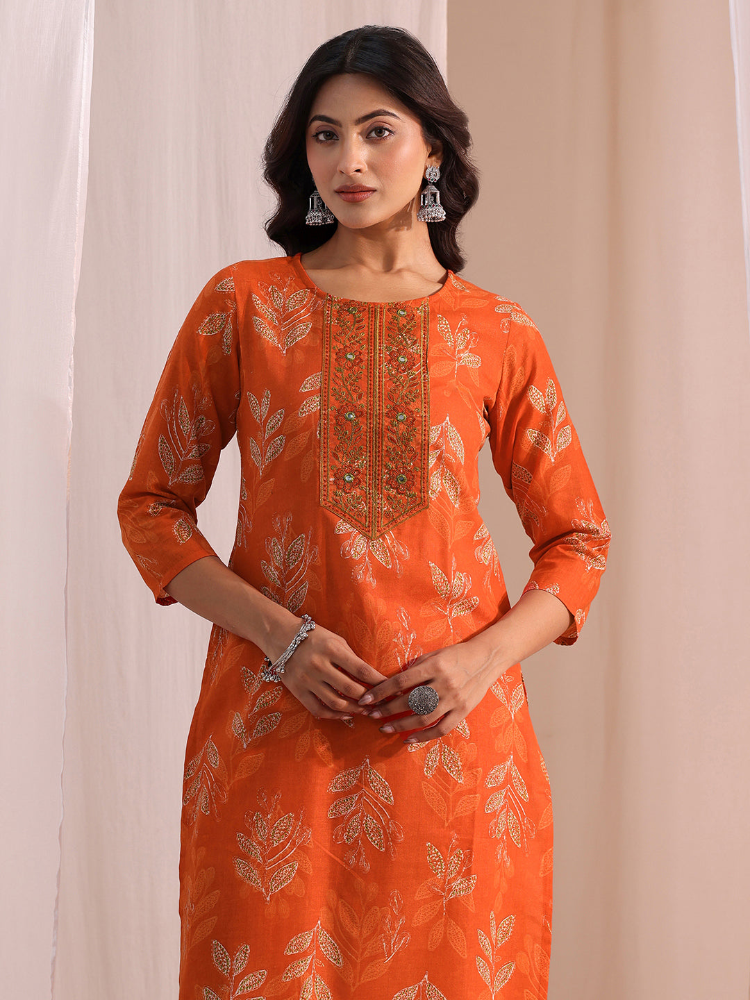 Gerua Orange Floral Printed Cotton Blend Straight Suit Set