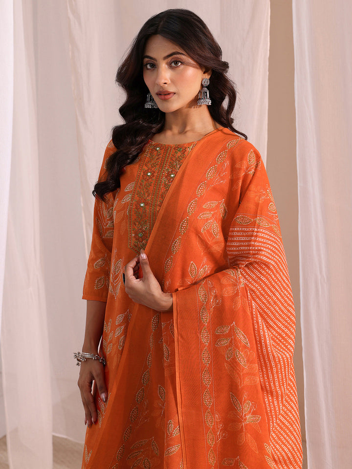 Gerua Orange Floral Printed Cotton Blend Straight Suit Set