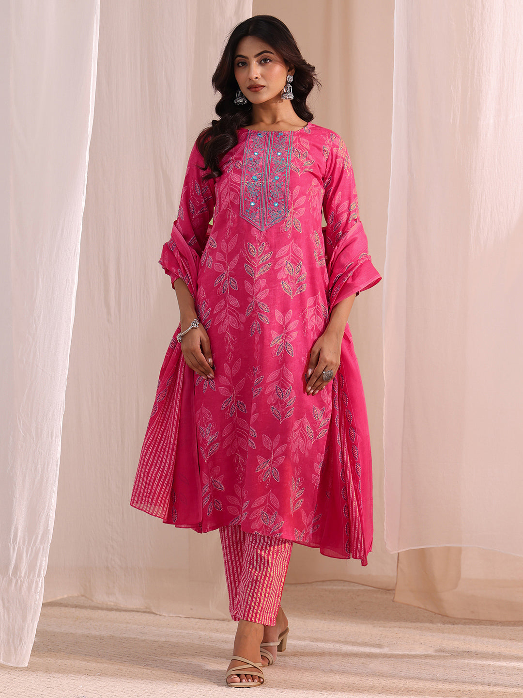 Gerua Pink Floral Printed Cotton Blend Straight Suit Set