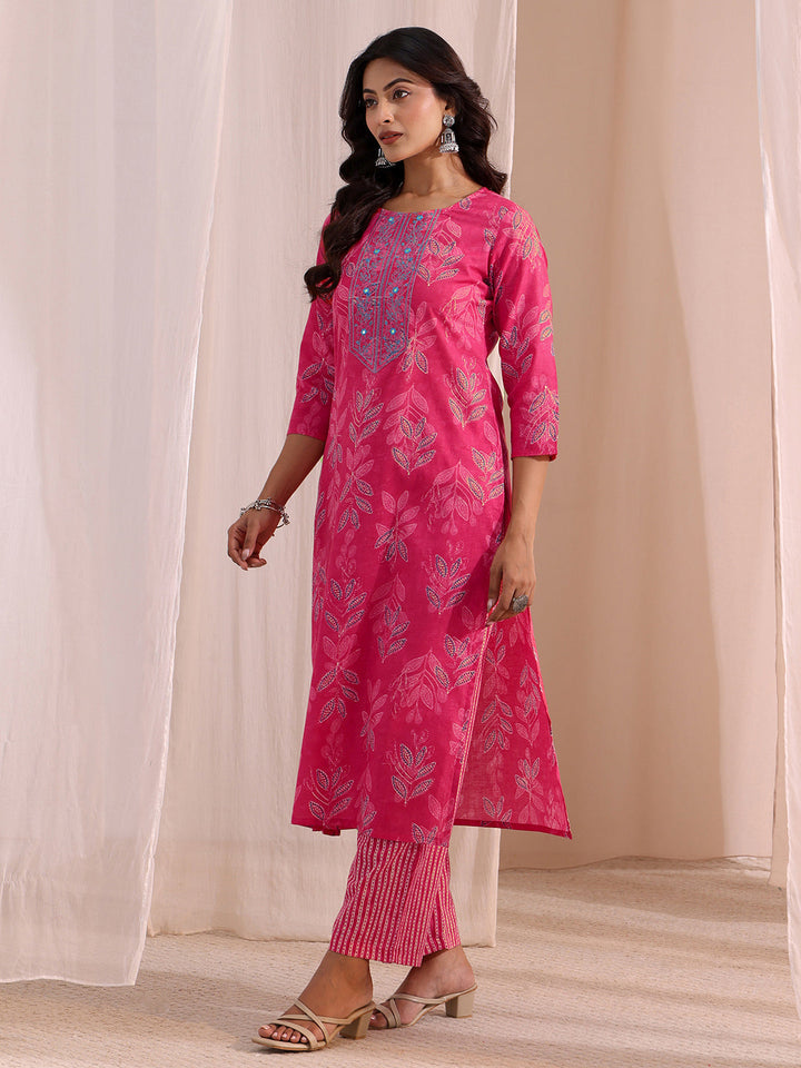 Gerua Pink Floral Printed Cotton Blend Straight Suit Set