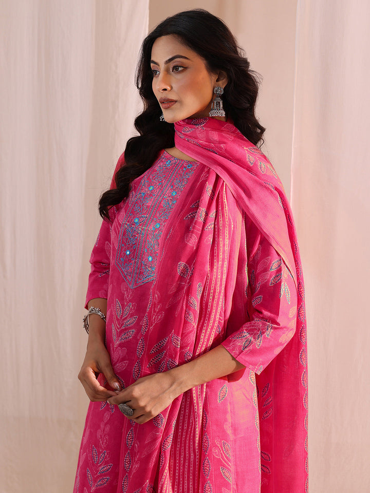 Gerua Pink Floral Printed Cotton Blend Straight Suit Set