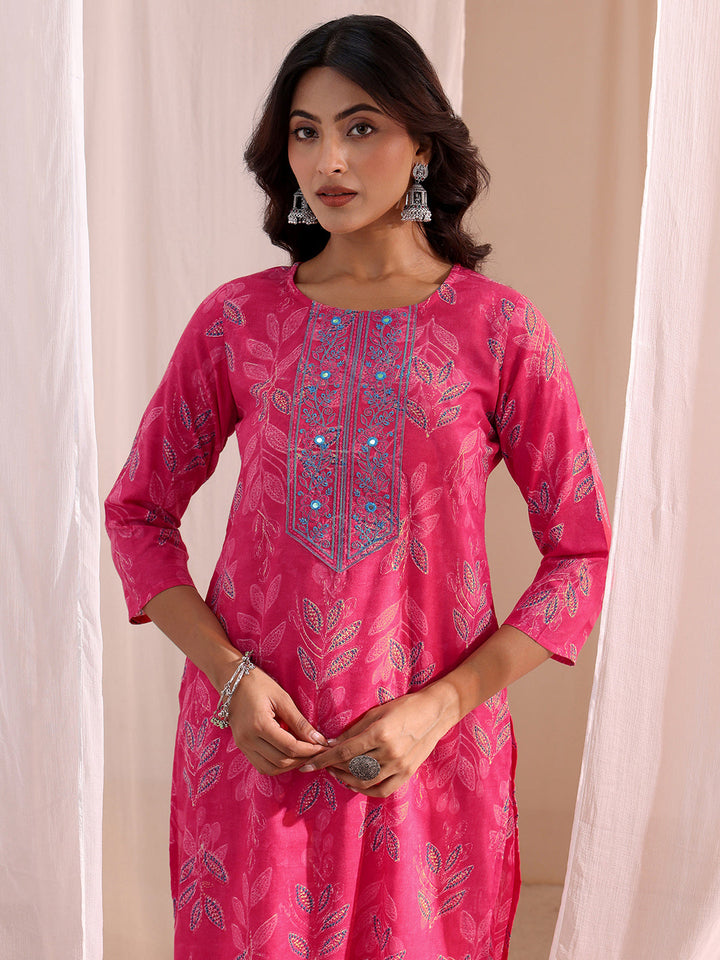 Gerua Pink Floral Printed Cotton Blend Straight Suit Set
