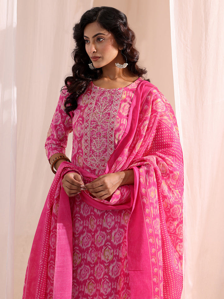 Gerua Pink Ethnic Printed Cotton Blend Straight Suit Set