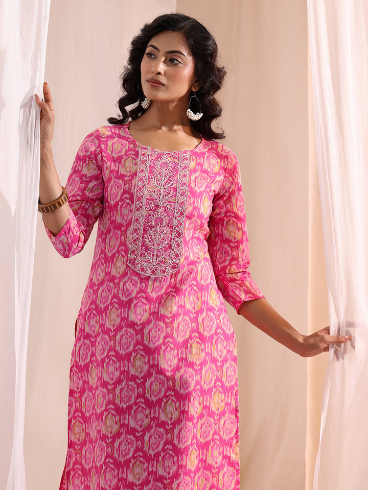 Gerua Pink Ethnic Printed Cotton Blend Straight Suit Set