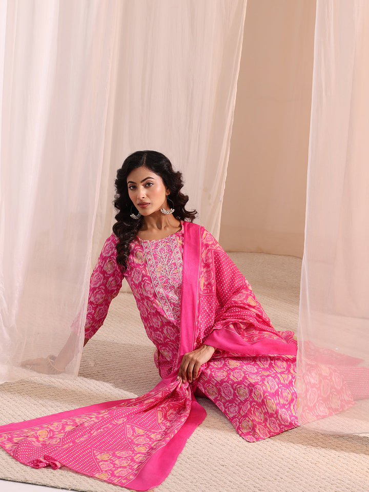 Gerua Pink Ethnic Printed Cotton Blend Straight Suit Set