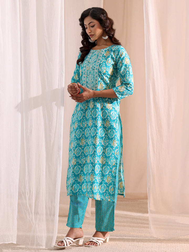 Gerua Blue Ethnic Printed Cotton Blend Straight Suit Set