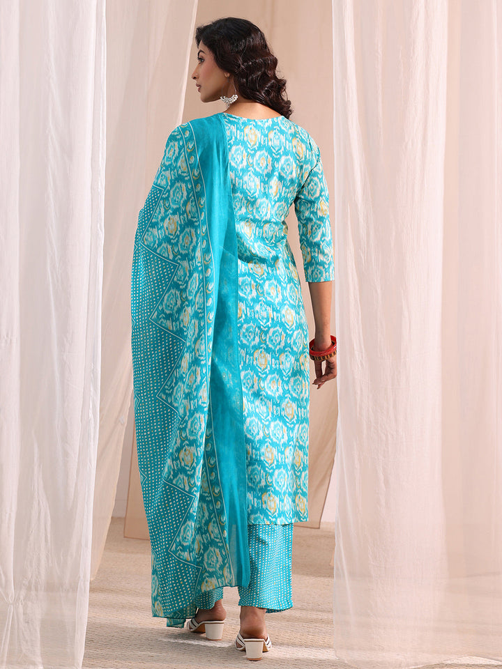 Gerua Blue Ethnic Printed Cotton Blend Straight Suit Set