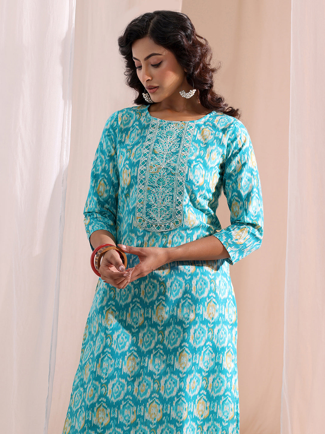 Gerua Blue Ethnic Printed Cotton Blend Straight Suit Set