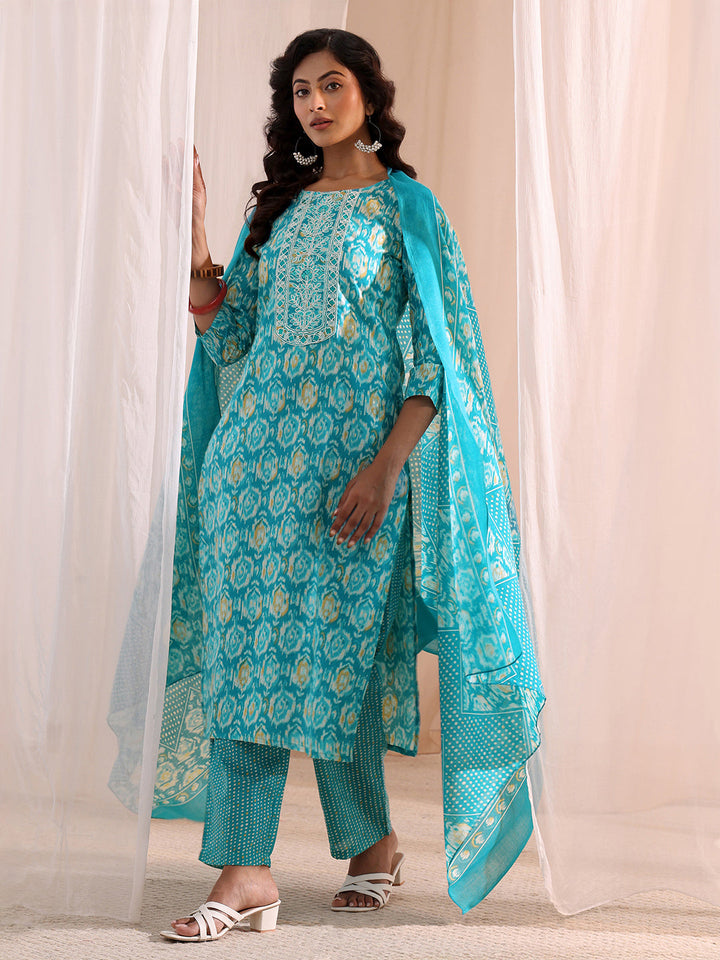 Gerua Blue Ethnic Printed Cotton Blend Straight Suit Set