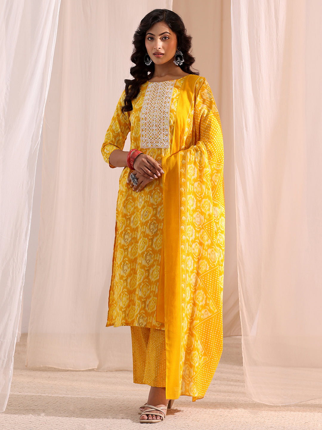 Gerua Yellow Ethnic Printed Cotton Blend Straight Suit Set