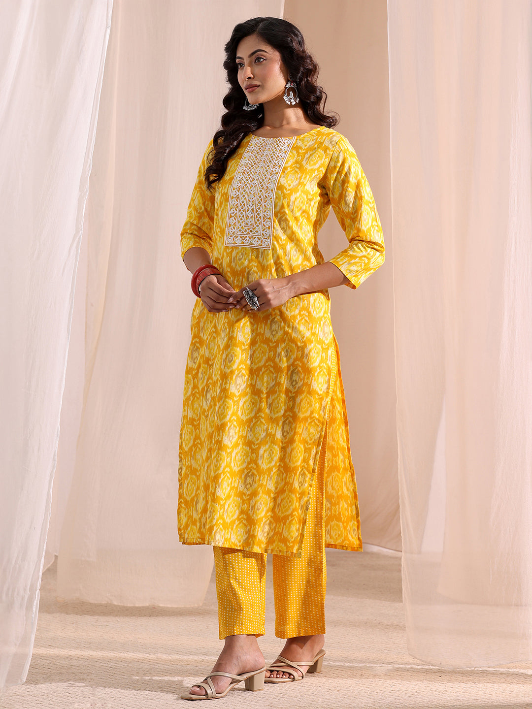 Gerua Yellow Ethnic Printed Cotton Blend Straight Suit Set