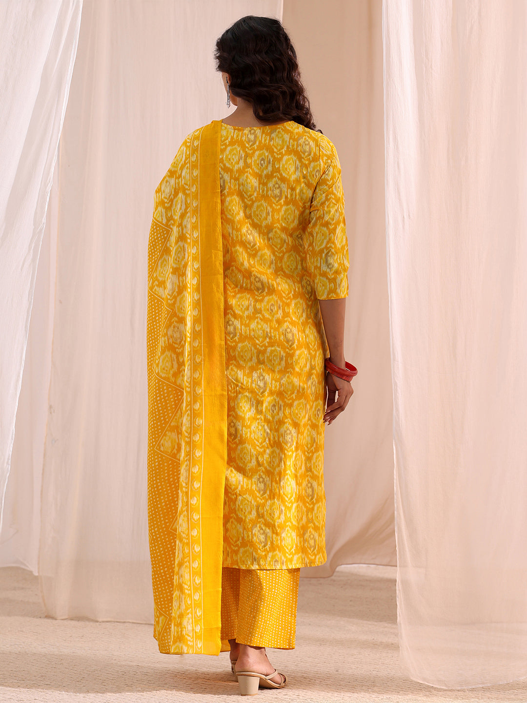 Gerua Yellow Ethnic Printed Cotton Blend Straight Suit Set
