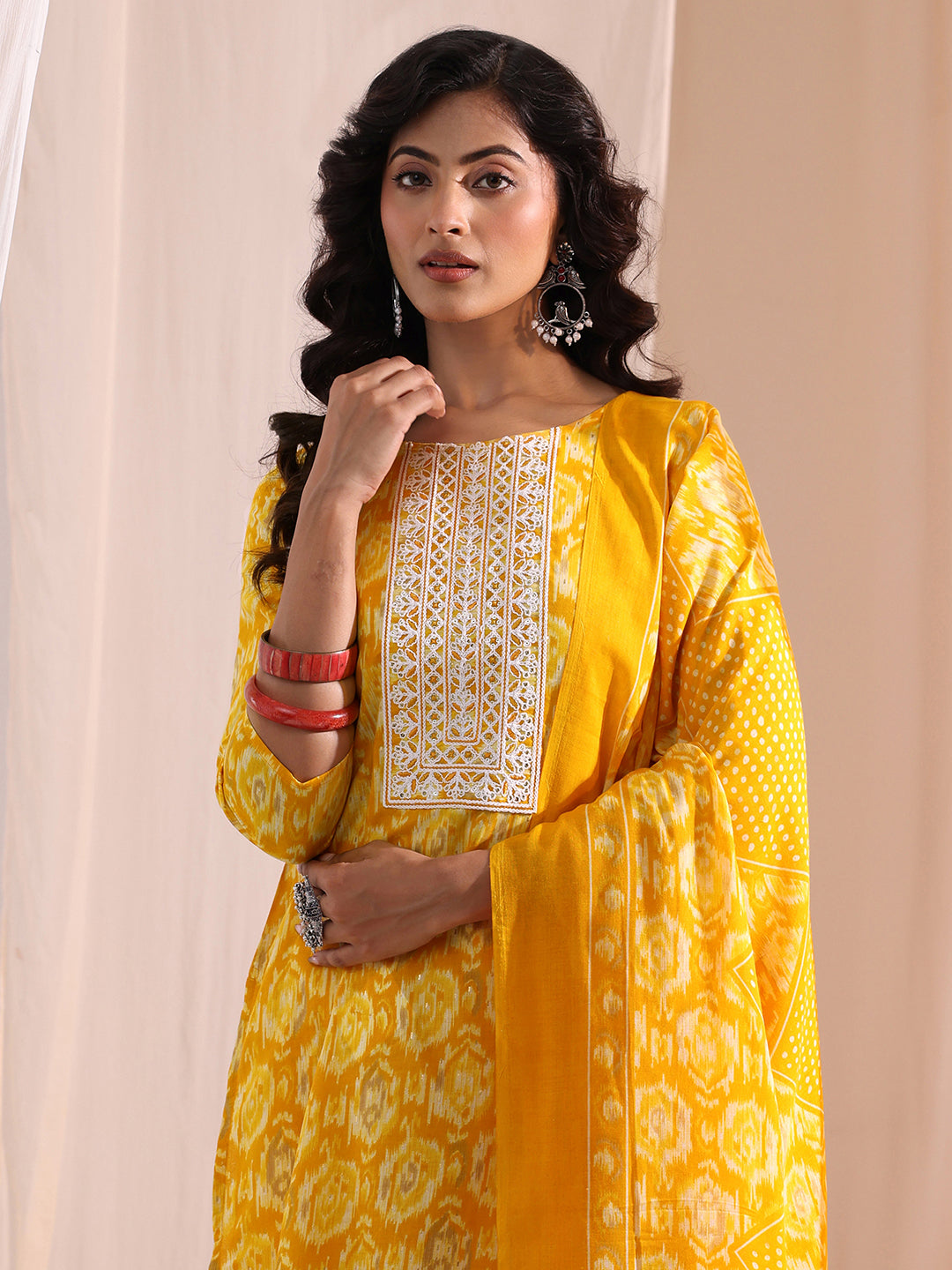 Gerua Yellow Ethnic Printed Cotton Blend Straight Suit Set