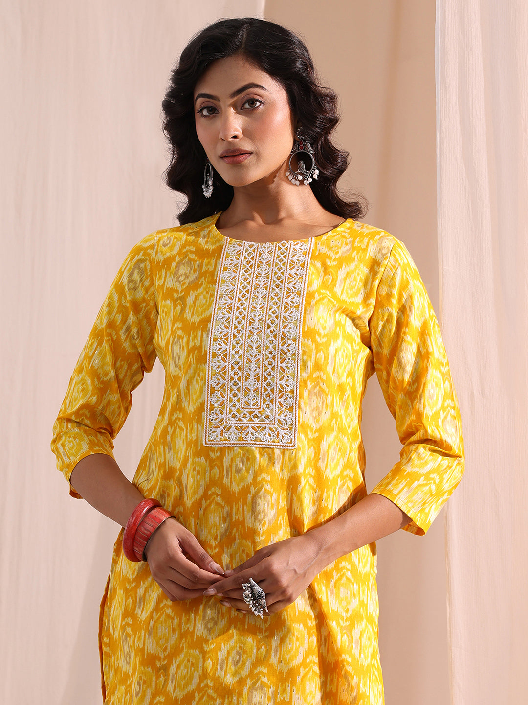 Gerua Yellow Ethnic Printed Cotton Blend Straight Suit Set