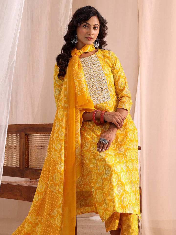 Gerua Yellow Ethnic Printed Cotton Blend Straight Suit Set