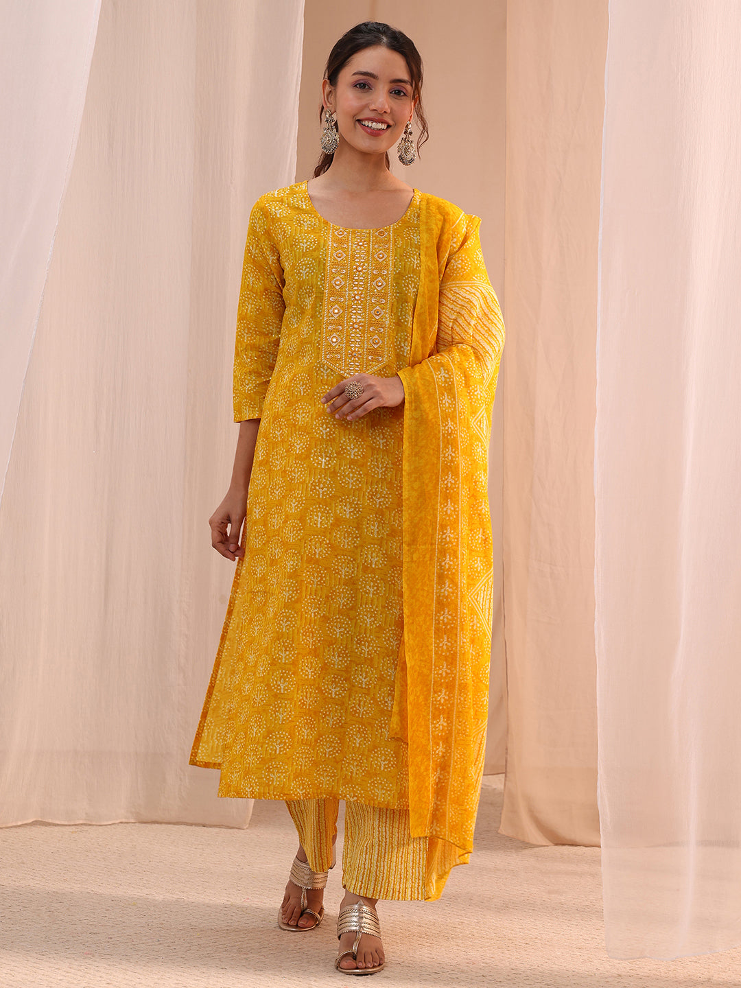 Gerua Yellow Floral Printed Cotton Blend Straight Suit Set