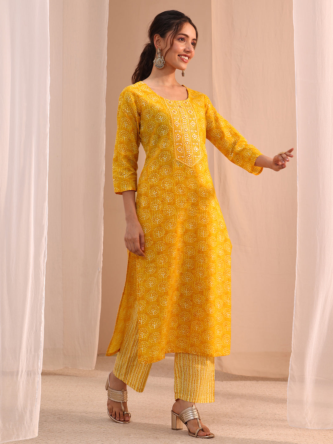Gerua Yellow Floral Printed Cotton Blend Straight Suit Set