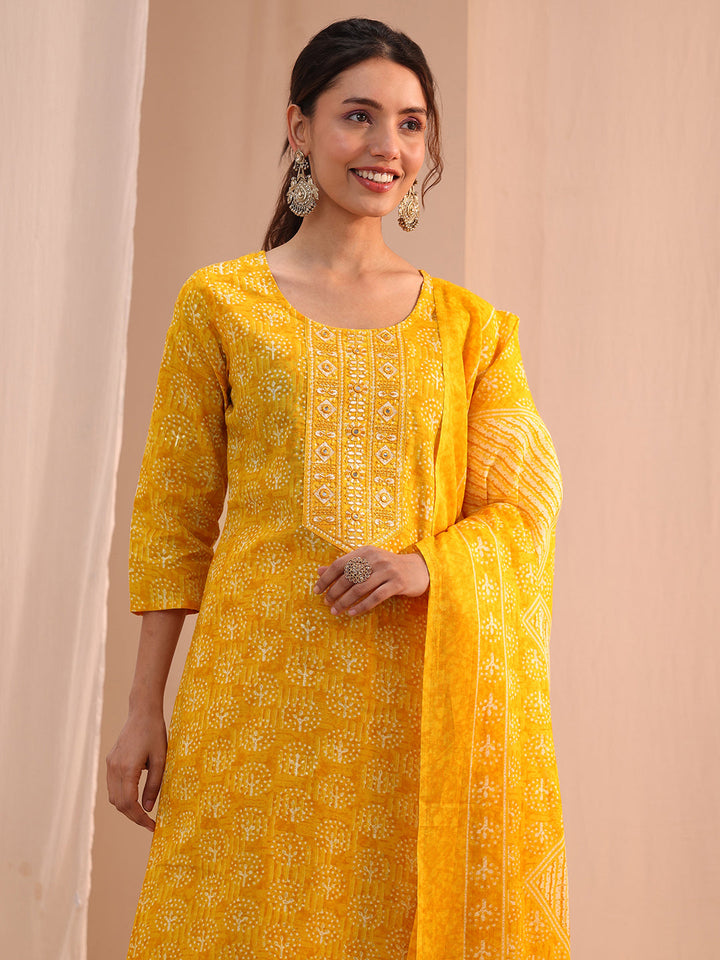 Gerua Yellow Floral Printed Cotton Blend Straight Suit Set