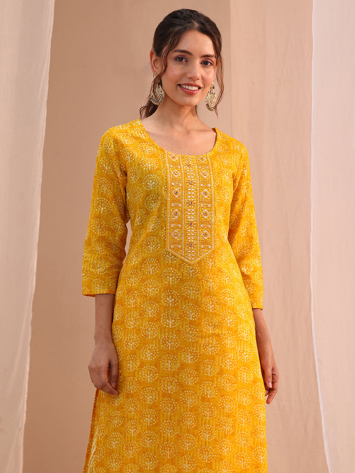 Gerua Yellow Floral Printed Cotton Blend Straight Suit Set
