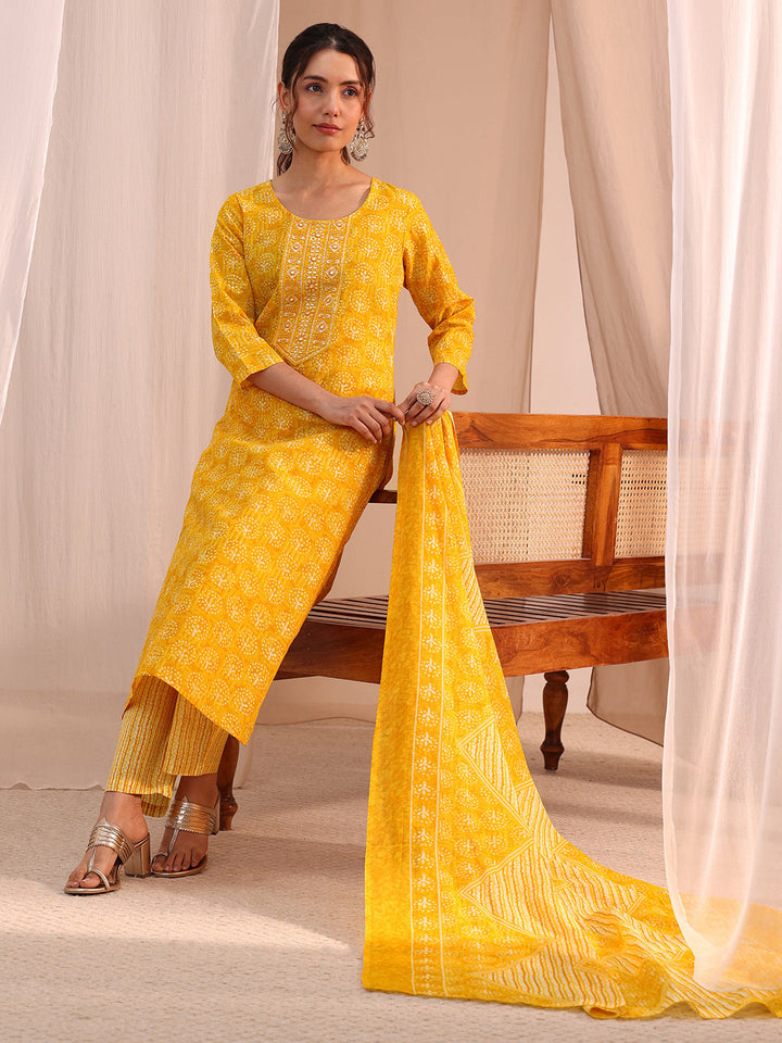 Gerua Yellow Floral Printed Cotton Blend Straight Suit Set